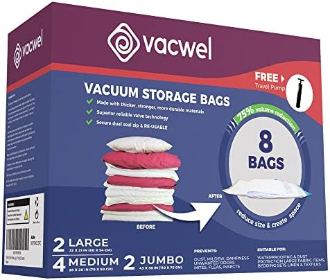 Vacwel 8-Pack Variety - Ziplock Vacuum Storage Bags for Clothes - Space Saver Bags for Packing Clothes - Vacuum Space Bags – 2xJumbo (43x30in) +2xLarge (32x21in) +6xMedium (28x20in) + Bonus Hand Pump