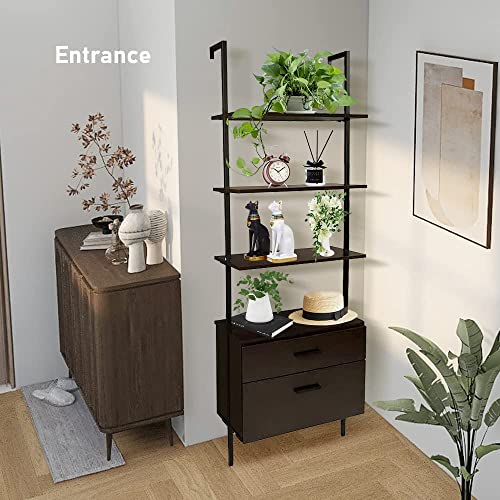 Aclulion 4 Tier Ladder Shelf, Industrial Bookshelf With 2 Cabinet, 70" Tall Leaning Bookshelf With Metal Frame, Wall-Mounted Bookcase For Office, Living Room, Bathroom, Dark Walnut Wood #TOP1