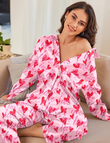Image of Ekouaer Womens Satin Silky Pajama Set 2 Piece Print PJs Soft Loungewear Button Down Sleepwear with Elastic Waist Long Pants