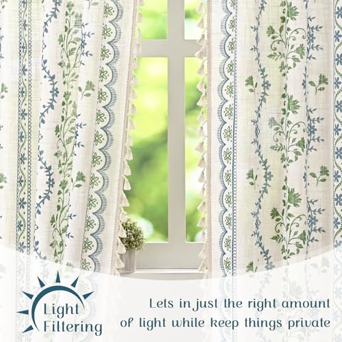 Image of Yinhua Boho Curtains for Living Room 84 Inch Length Vintage Linen Curtains for Bedroom Light Filtering Window Curtain Rod Pocket & Back Tabs Rustic Tassel Drapes with Tiebacks, Blue Green Floral