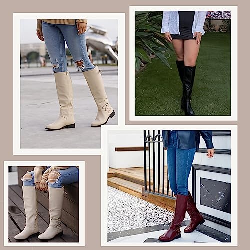 Ermonn Womens Knee High Boots Wide Calf Side-Zip Back Lace-Up Faux Leather Riding Combat Footwear #TOP3