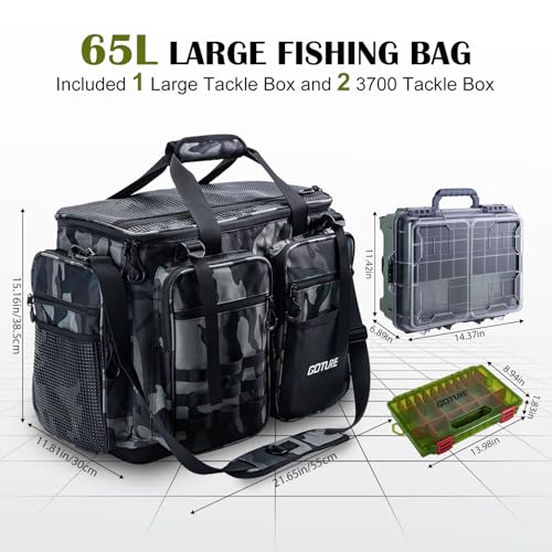 Goture Large Tackle Bag, Included 1 Utility Tackle Box and 2 3700-Size Trays, 600D Water Resistant Saltwater Gear Storage Big Fishing Bag with EVA Bottom, Removable Dividers, Fishing Gifts for Men — view 4