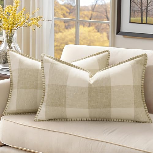 Best Throw Pillows for Couch Ideas to Elevate Your Living Room Style 4 decorUhome Buffalo Plaid Check Fall Throw Pillow Covers 12x20 Set of 2, Outdoor Lumbar Decorative Farmhouse Pillow Covers with Stitched Edge for Bed Couch Sofa, Cream White and Beige