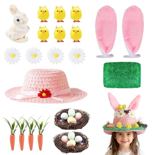 Easter Bonnet Kit – Make Your Own Easter Hat Craft Set with Bunny, Chick, Carrot, Rabbit Ears, Nest, Grass & Flowers, DIY Easter Bonnet Decorations, Fun Bonnet Hat Activities for Boys & Girls