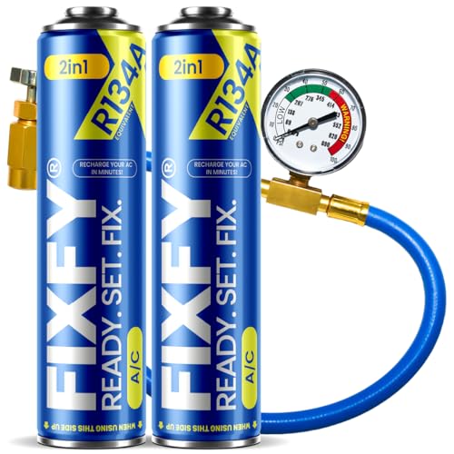 FIXFY 2W1 – Kit de recarga de aire acondicionado con manguera manómetro, repuesto de gas R134a/R12 con aceite – 2 latas de 500 ml – Kit de autollenado para vehículos 1995 – 2016