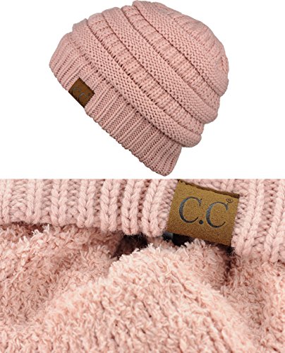 C.c Unisex Chunky Soft Stretch Cable Knit Warm Fuzzy Lined Skully Beanie, Indi Pink #TOP2