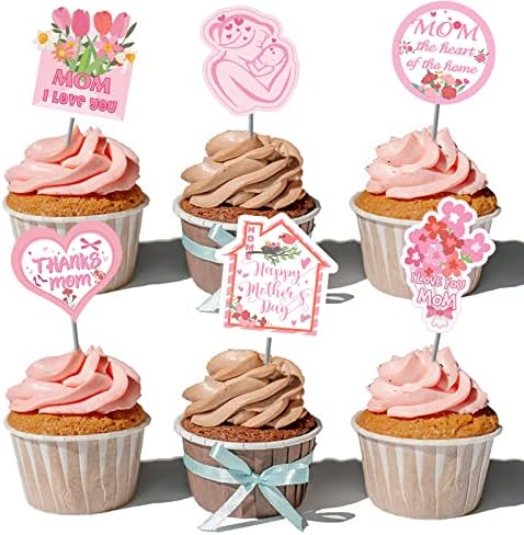 24 Pack Mothers Birthday Cupcake Toppers for Moms Day party Mothers Birthday Decoration love Mom Themed Pink gift