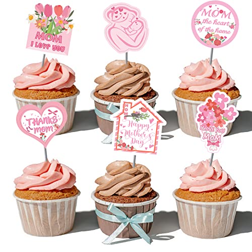 24 Pack Mothers Birthday Cupcake Toppers For Moms Day Party Mothers Birthday Decoration Love Mom Themed Pink Gift #TOP26