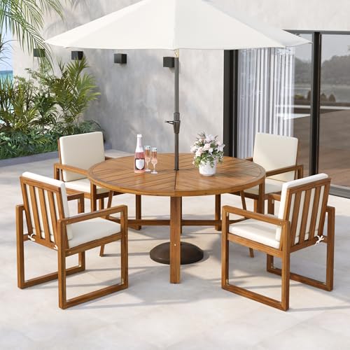 VilroCaz 5-Piece Outdoor Patio Dining Set, Acacia Wood Round Dining Table with Umbrella Hole and 4 Armchairs, All-Weather Patio Furniture Set for Patio Backyard Garden