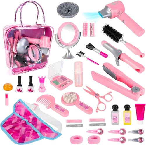 deAO Friseurkoffer Set für Mädchen 35-teilig Schönheitssalon-Set Modespiel mit Haartrockner Spiegel Lockenstab und Zubehör Make-up-Set Friseur Set Rollenspiel Spielzeug für Kinder