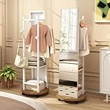 GOFLAME Full Length Mirror with Coat Rack, 55” × 18” Standing Mirror Coat Rack with Storage Hanger, Open Shelves and Lockable Wheels, Floor Mirror with Stand for Living Room, Bedroom, White & Natural
