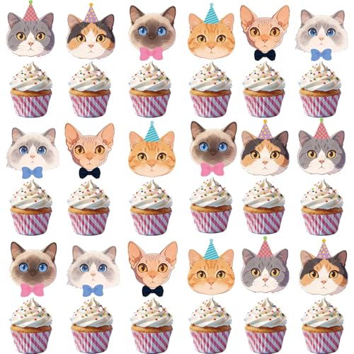 48 Pcs Pet Cat Party Cupcake Toppers for Cat Birthday Baby Shower Party Decorations