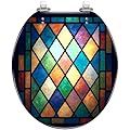 Round Toilet Seat Stained Glass Window Historic Church Resin Toilet Seat Quietly Close Quick Release Hinges with Cover Bumpers Decorative Easy to Install Clean
