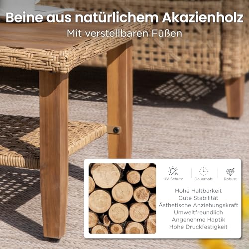 PHI VILLA Gartenmöbel Set Balkonmöbel 3 Teilig, Rattan Lounge Möbel Outdoor mit 1 Chaiselongue, 1 Zweisitzer-Sofa und 1 Kleiner Couchtisch, 4 Personen Terassenmöbel Außen Gartensofa