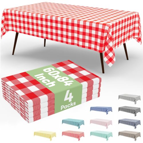 Smiry 4 Pack Red Gingham Disposable Tablecloths - 60" x 84" Heavy Duty Plastic Table Cloth, Waterproof Buffalo Plaid Table Covers for Picnic, Parties, Banquets
