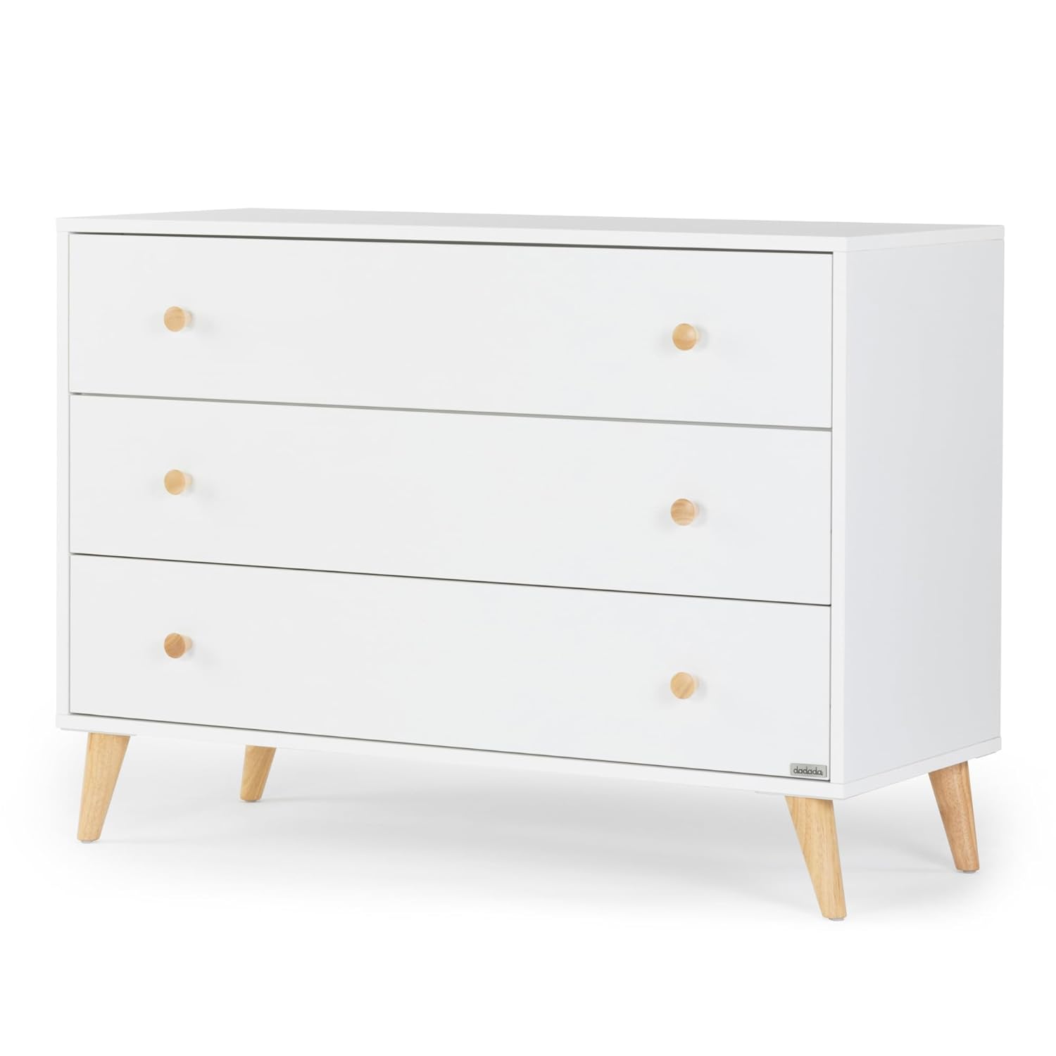 dadada Austin 3-Drawer Dresser for Nursery and Bedroom - Modern Design, Large Storage, Baby-Safe Finish, Anti-Tip Safety, Solid Wood Feet, Durable Construction (White+Natural)