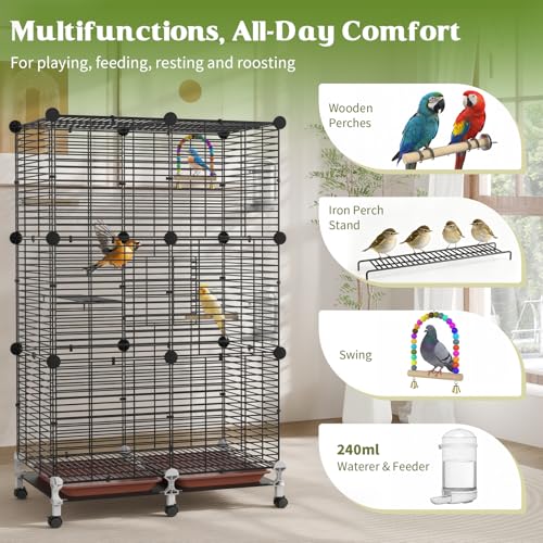 Pawaboo Bird Cage, 24.2''L x 16''W x 41''H Flight Cage with Slide-Out Tray, Waterer & Feeder, 360° Movable Metal Breeding Bird Cages with Stand & Perch for Parrot Parakeets Cockatiel Lovebird Finch - Image 3