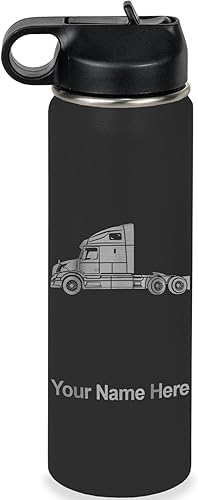 LaserGram Botella de agua con tapa abatible de doble pared de 20 onzas con pajita, cabina de camión, grabado personalizado incluido (negro)