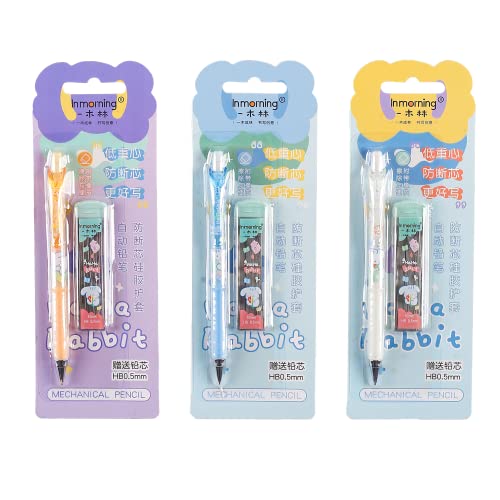 Ipienlee Mechanical Pencil Set With Lead, 3 Pcs 0.5Mm Mechanical Pencils With 3 Pack Hb Pencil Leads (3Pcs Pencils And 3 Pack Refills, Ha Ha Rabbit - Yellow+White+Blue) #TOP1