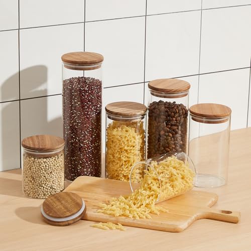 Image of Qinyoung Glass Storage Jars with Wooden Lids, 4 Sizes Food Storage Containers Clear Stackable Canisters Airtight Glass Jars for Candy Cookie (Clear, Dark Brown, 15oz 25oz 34oz 42oz, 24 Pcs)
