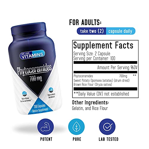 We Like Vitamins Phytoceramides 700Mg - 200 Capsules All Natural Wheat Free And Plant Based - Phytoceramide Supplement - 700 Mg Per Serving - Skin Hydration, Repair, Rejuvination. #TOP1