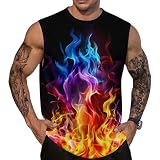 BarbedRose 3D Tank Tops for Men Flame Print Sleeveless Athletic Fitness Running Workout Beach Shirts,Colorful Flames,2XL
