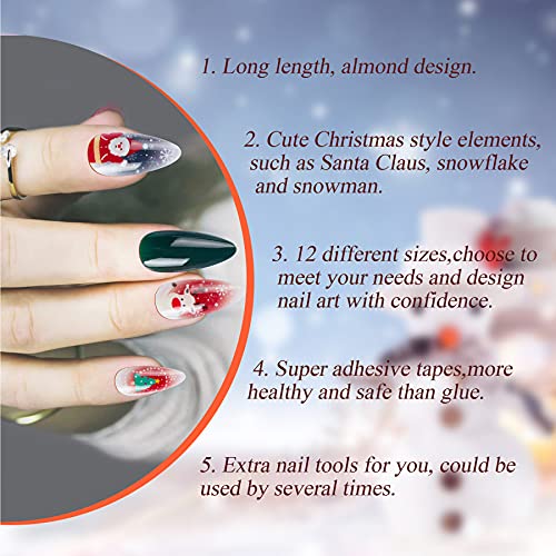 Vivid Tella 72Pcs Christmas Nails Snowflake Almond Press On Santa Claus Elks Glossy Stiletto False Nails X-Mas Nail Tips Gift Box #TOP3