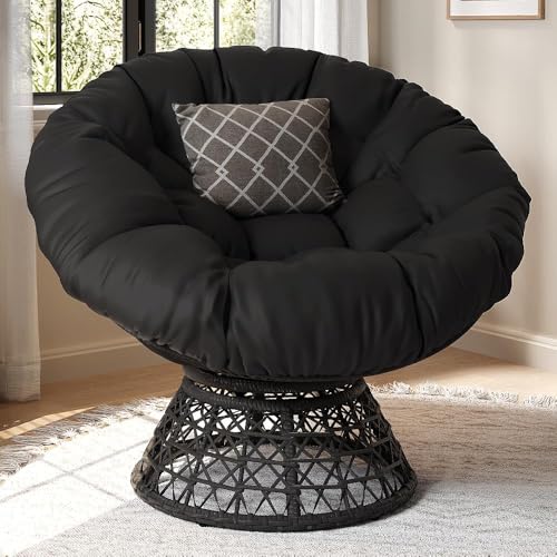 Yaheetech Indoor Papasan Chairs with Thick Tufted Cushions and Frame, Swivel Wicker Ergonomic Lounge Reading Chairs for Living Room/Bedroom, Black