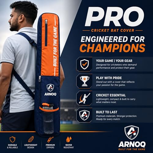 Image of Pro Cricket Bat Cover Full Size with Shoulder Strap, Water-Resistant & Lightweight, Quick Acess Pockets for Wooden & Plastic Bats (Orange)