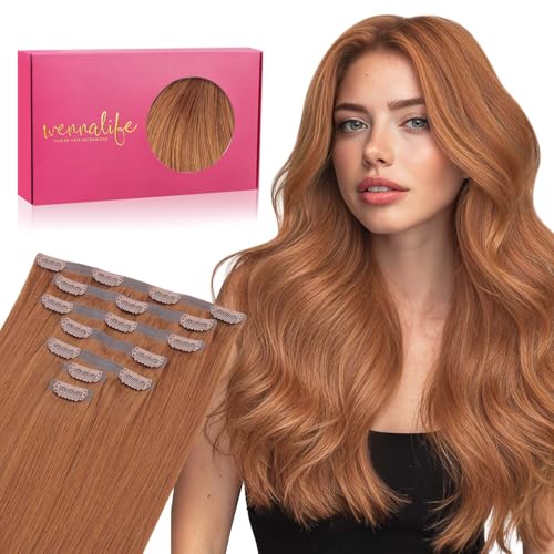 WENNALIFE Seamless Clip In Hair Extensions Human Hair, 12 Inch 80g 7pcs Cinnamon Terra Copper Real Hair Extensions Clip in Human Hair Invisible PU Skin Weft Natural Remy Hair
