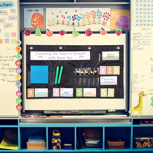 Resurhang Back to School Counting the Days with Base Ten Pocket Chart Place Value, Counting Caddie Pocket Chart for Classroom Bulletin Board School or Home Decor, 4 Hooks (Black,Morandi Style) - Image 5