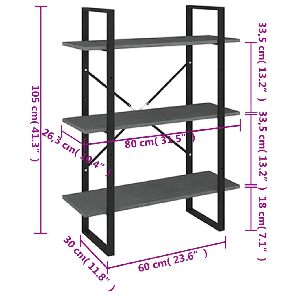 Bücherregal Massivholz Kiefer Grau 80x30x105 cm, 3 Ablagen Standregal für Wohnzimmer, Dekoration und Bücher, industrielles Design, pflegeleicht mit feuchtem Tuch