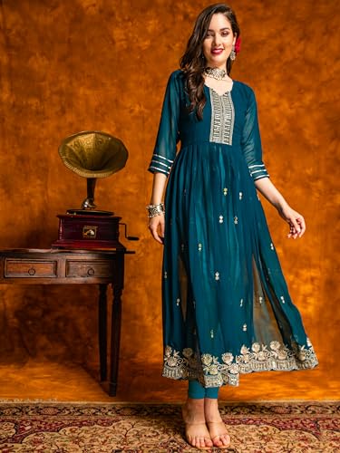 Image of EthnicJunction Women's Georgette Relaxed Fit A Line Embroidered Naira Cut A-Line Kurta | Karva Chauth Special Kurta