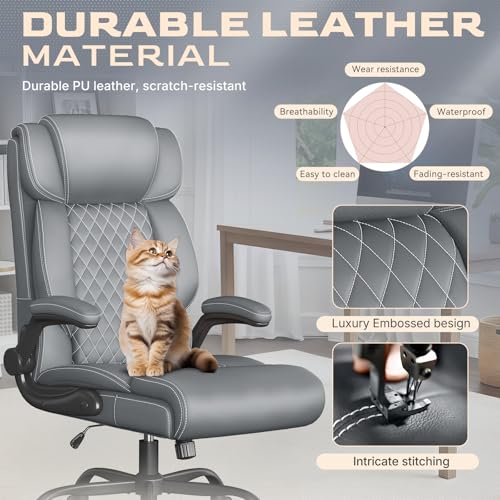 Image of Office Chair-Executive High Back Breathable Big and Tall Office Chair Flip-up Armrests Lumbar Support-Ergonomic Leather Rolling Swivel Chair with Rock Function for Working Studying Gaming,Gray