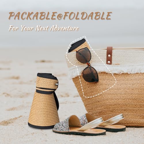 Image of Summer Straw Beach Sun Visor Ponytail Hats for Women Foldable Floppy