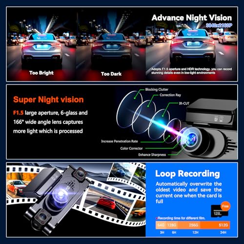 4K 360° DashCam for Cars,4 Channel Car Dash Cam Front and Rear Inside with 128GB Card Included,Voice Control,5.8G WiFi GPS,IR Night Vision, G Sensor, 24/7 Parking Mode &Loop Recording Dash Camera - Image 6
