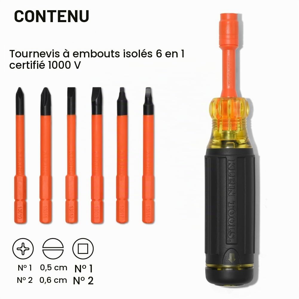 Klein Tools 32306INS Tournevis multi-embouts isolé 6 en 1, tournevis multi-embouts avec collier autobloquant, 1000 V, rangement d'embouts dans la poignée