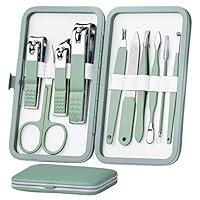 HANTEKAS Maniküre-Set 10 in 1 aus Edelstahl, Nagelknipser, Schere, Pediküre-Werkzeuge – Tragbares Reise-Pflegeset für Männer und Frauen mit Lederetui (Jadegrün)