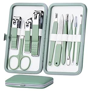 HANTEKAS Manicure Set 10 in 1 Stainless Steel, Nail Clippers Scissors Pedicure Tools Kit - Portable Travel Grooming Kit for Men and Women with Leather Case (Jade Green)