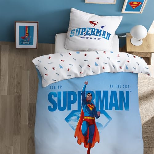 OMYDREAM Superman Man Parure de lit Enfant | 100% Coton | Oeko-TEX | Housse de Couette 140x200cm + 1 Taie d'oreiller 63x63cm | Imprimé Garçon | Bleu