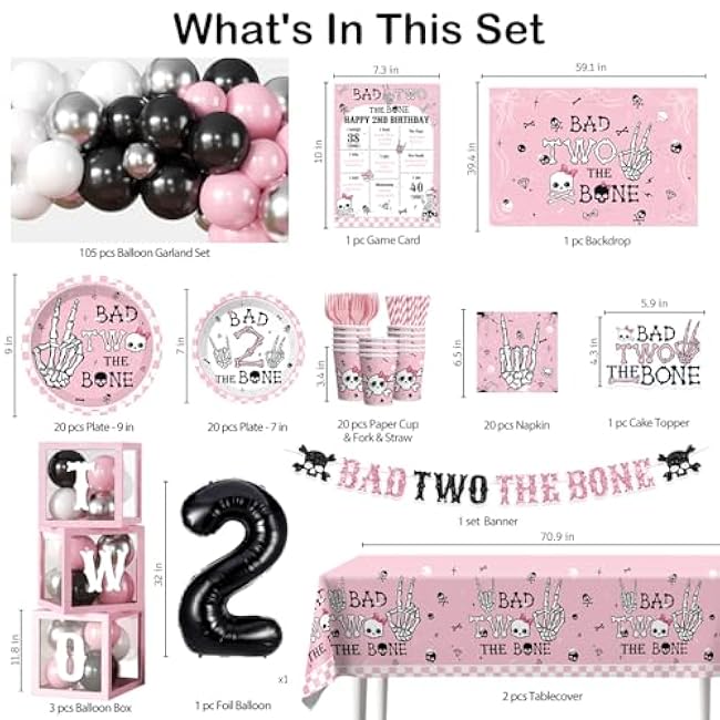 cocomigo 240pcs Bad Two The Bone Party Decorations Girl, Bad Two The Bone Party Decorations with 20pcs Plate Cup Backdrop Balloon Box 2pcs Tablecloth for 2nd Birthday Decorations for Girl
