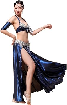 Belly Dancer Adult Costumes Belly Dance Performance Outfit Belly Dance Top Bra and Slit Ruffles Long Skirts Set