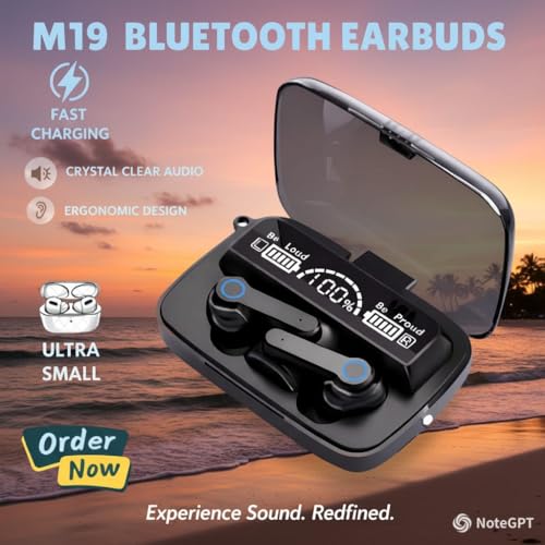 Image of M19 Wireless Bluetooth Earbuds with LED Power Display, Wireless Charging Case, Touch Control, Crystal Clear Audio