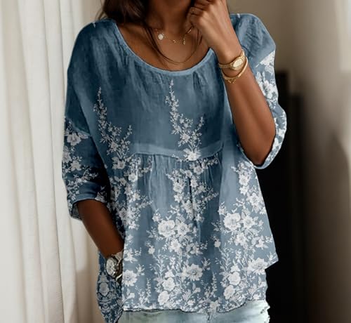 Akivide Women's Boho Floral Embroidered 3/4 Sleeve Tunic Top Summer Cute Casual Loose Pleated Blouse Shirt Plus Size2