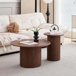 DEYARNA HOME 2er-Set runder Couchtische, Modernes Geriffeltes Trommel-Couchtisch-Set für Wohnzimmer, Schlafzimmer, Balkon und Büro (Walnuss (Holzmaserung))
