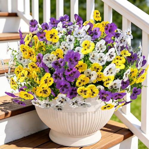 20 Bundles Artificial Pansies Flowers for Outdoors Purple Yellow White