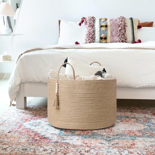 Mkono Extra Large Laundry Basket Woven Storage Baskets for Blankets Toys Clothes Organizer, Decorative Clothes Hamper 21.7" x 13.8" by Mkono - Image 3