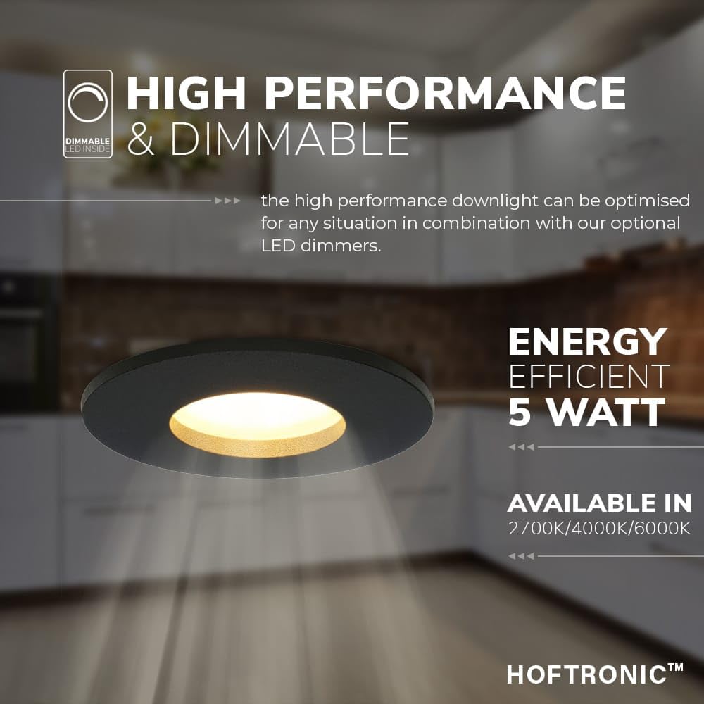 HOFTRONIC - 6er LED Einbaustrahler IP44 Wasserdicht 230V 6x4W 6x345 Lumen Dimmbar Schwarz 6500K Kaltweiß GU10 Bad Einbauleuchte Einbauspot Einbauleuchte für innenbereich und Außenbereich