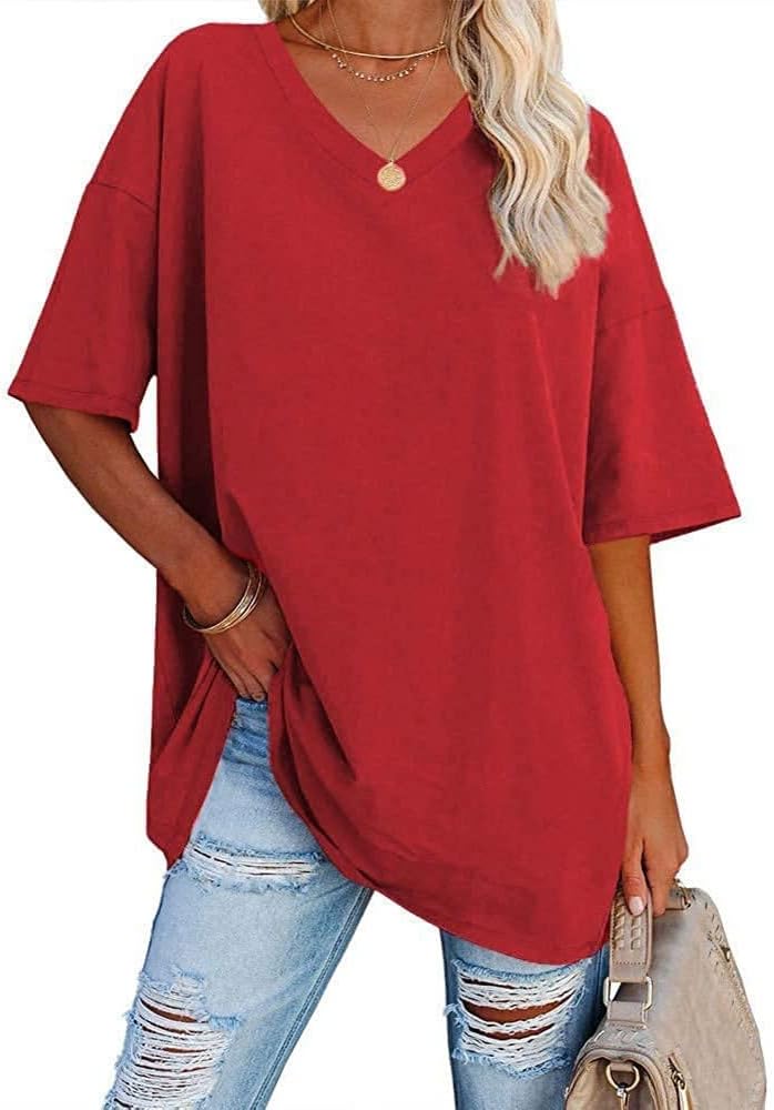 Women's Summer Casual V Neck Half Sleeve T Shirt Ladies Short Sleeve Oversized Baseball Tshirts Tunic Tops