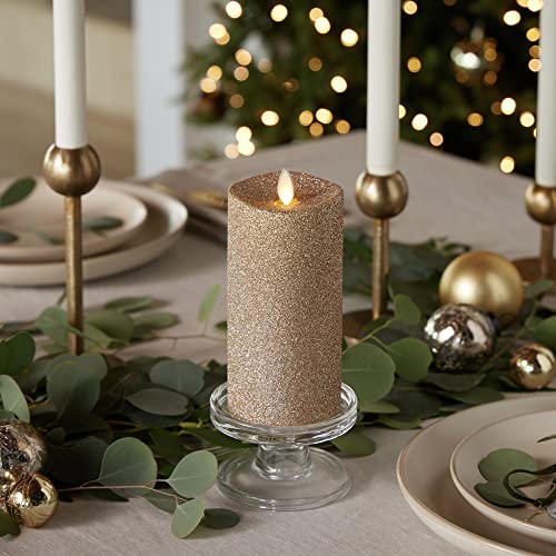 Image of Luminara Realistic Artificial Flame Gold Glitter Pillar Candle - Moving Flame LED Battery Operated Lights - Unscented - Remote Ready - Remote Sold Separately - 3 inch x 6.5 inch